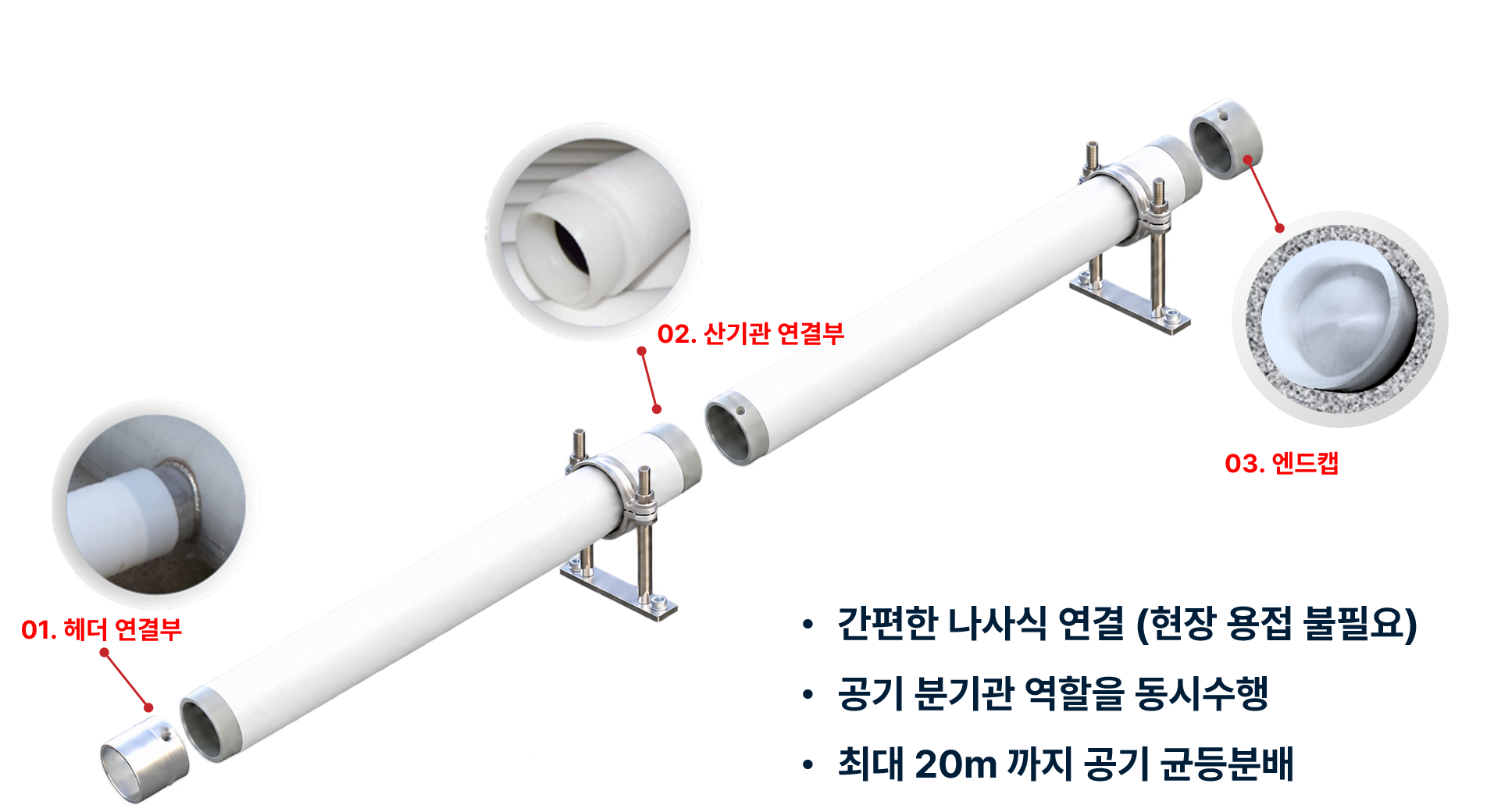 AQUA ESMIL FIBER TUBE 설치도 - 산기관 배관 연결 및 반응조 내 설치 구조 상세도